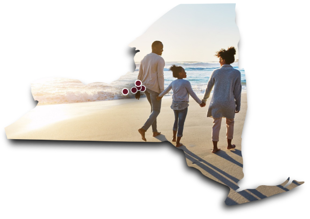 Outline of state of Alabama with map pins of locations